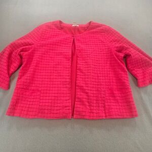 Chico's Open Front Jacket Women Size 3 Pink Red Textured Grid 3/4 Sleeve Blazer